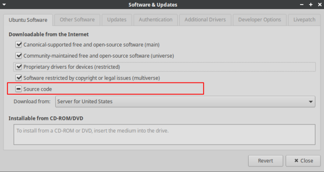 Ubuntu Software Updates Source code enable